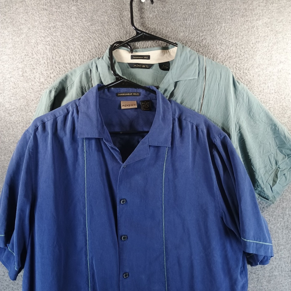 Lot of 2‎ Axist 100% Silk Button Up Shirts Mens L Short Sleeve Bowling Washable